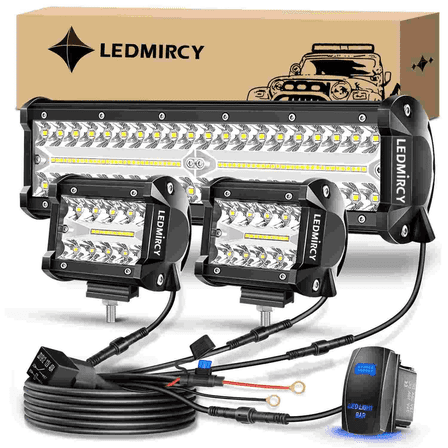 LEDMIRCY 12Inch LED Light Bar and 4 Inch LED Pods 2PCS Kit with 3 Leads Wiring Harness Rocker Switch Triple Row Off Road Light Bar Spot Flood Combo Work Light for Pickup UTV Truck Tractor Boat