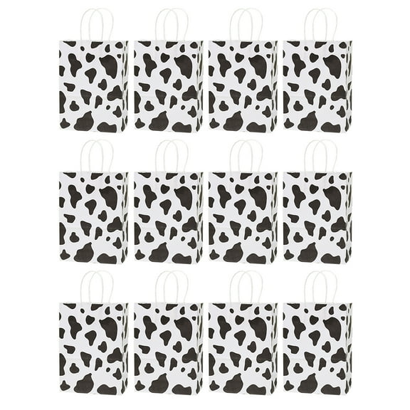 WEUVEB 12Pcs Paper Bags with Handles Cow Print for Farm Party Supplies and Goodie Bags