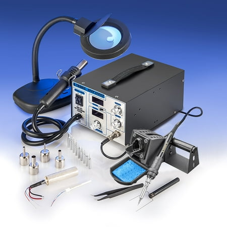 X-Tronic Model #4040-XTS Digital Hot Air Rework Soldering Station with Side Mounted Solder Roll Holder, 10 Assorted Solder Tips, 4 Hot Air Nozzles, 2 Extra Heating Elements, 5X Mag Lamp &