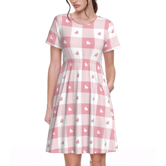 Disketp Plaid Heart para Vestido de Manga Corta para Mujeres, Vestidos de Verano para Mujeres, Casual y Holgado para la Playa