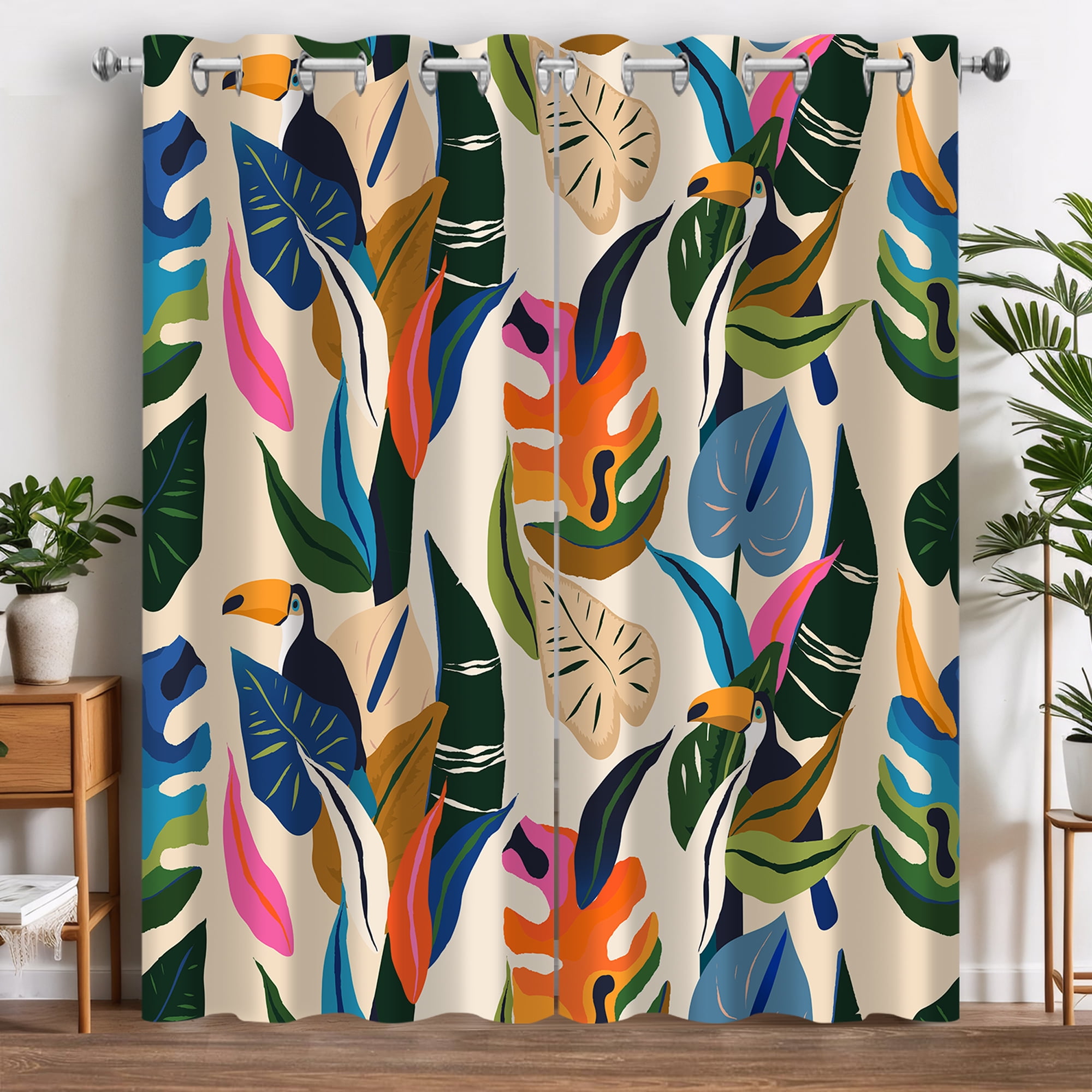 Aeyadis Colorful Tropical Abstract Blackout Curtains, Boho Leaf Birds Print Decor for Bedroom, Living Room, Grommet Window Drapes 2 Panel Set, 52"x84"