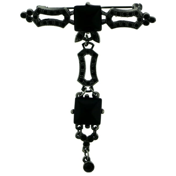 Antique Silver-Tone Brooch Pin With Black Faceted And Rhinestone Accents TMP164
