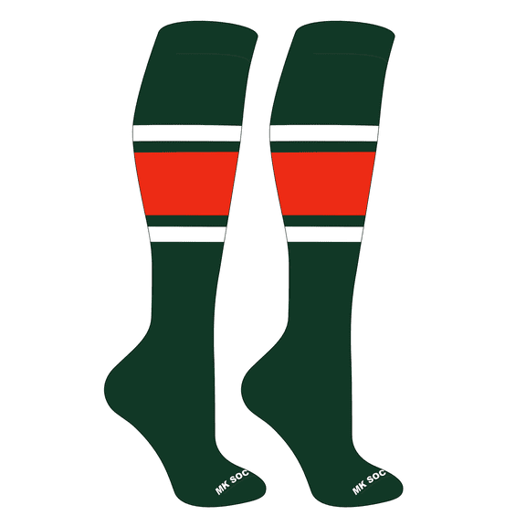 MK Socks Striped OTC Baseball, Softball, Football Socks (B) Dark Green, White, Orange (S)