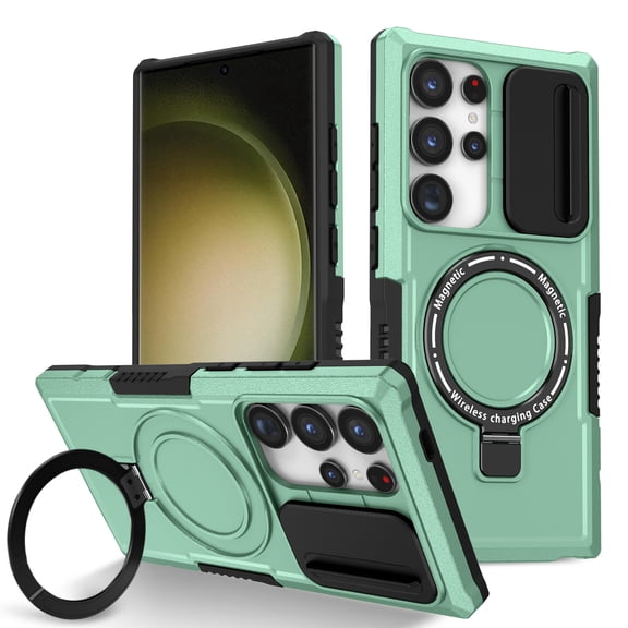 Allytechgroup Magnetic For Samsung Galaxy S23 Ultra Case with Ring, [1x Screen Protector] [Slide Camera Cover] Military Grade Drop Protection Back Cover For Samsung Galaxy S23 Ultra, Lightgreen