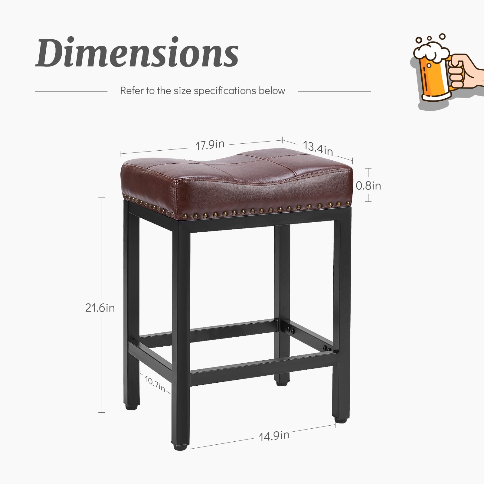 edx Bar Stools Set of 4, Modern Counter Height, 24 Inch Kitchen Barstools with Metal Base, PU Leather Saddle Seats for Kitchen Island, Brown
