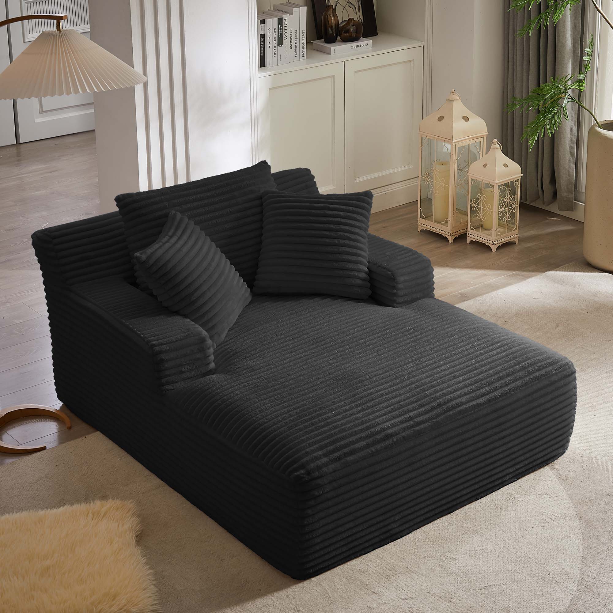 Miniyam Black Oversized Chaise Lounge Chair Indoor, Corduroy Upholstered Modern Sofa Couch,No Assembly Required,Comfy Sleeper Sofa for Living Room,Office
