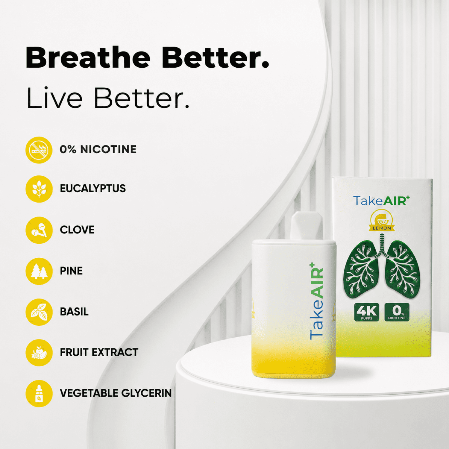 TakeAIR+ Nicotine-Free Diffuser Over 4K Puffs, All Natural, Smokeless Inhaler, Lemon