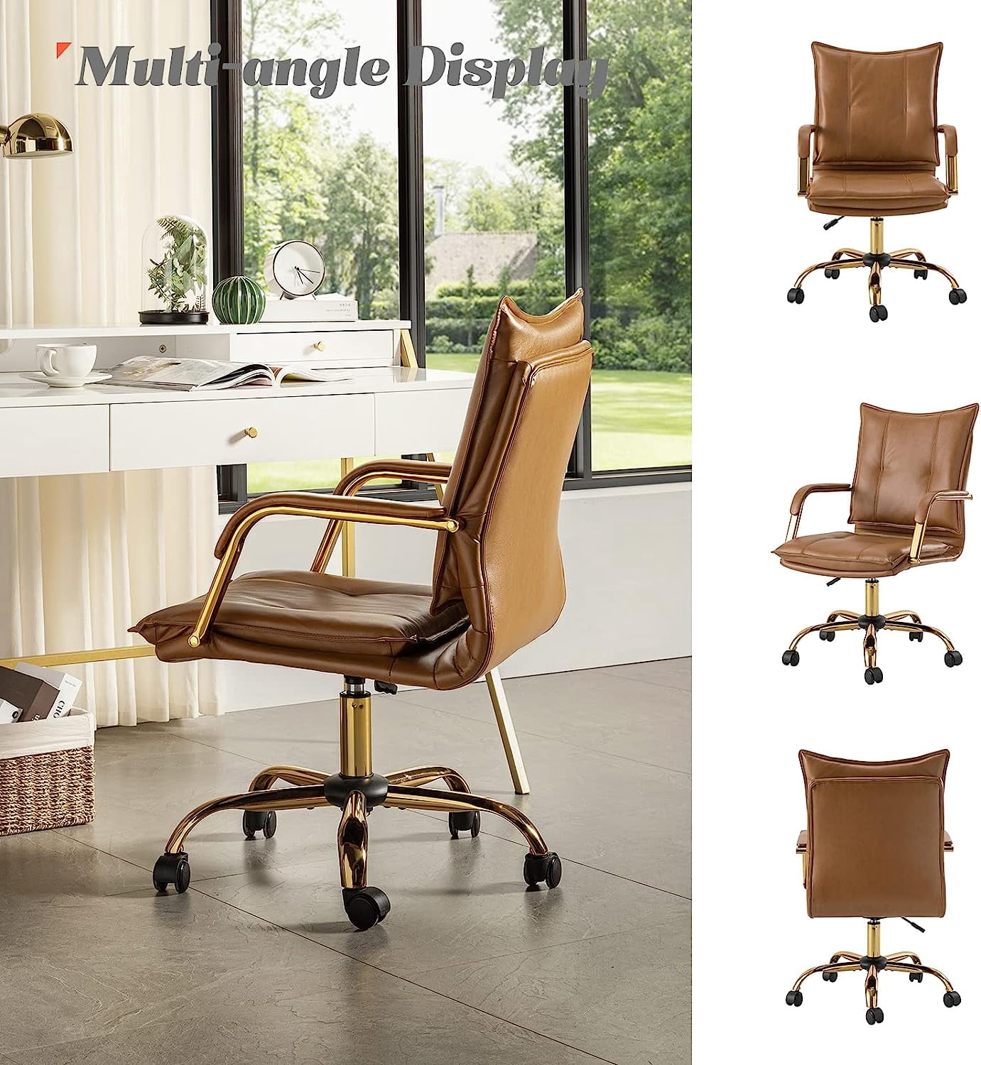 Tina's Home Luxury Faux Leather Office Chair with Golden Accents, Adjustable Swivel Ergonomic Desk Chair for Executive Comfort and Style Camel
