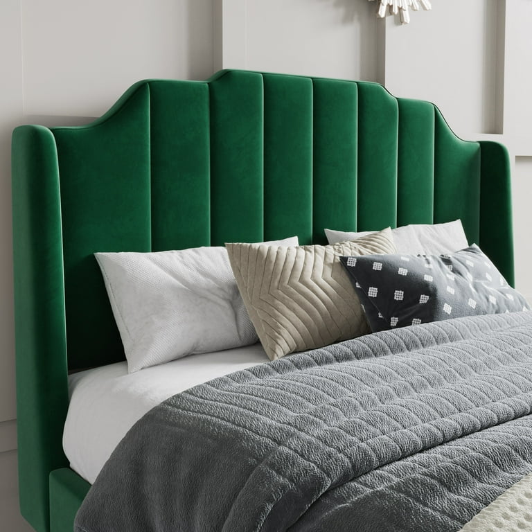 Sha Cerlin Queen Platform Bed Frame, Green, Upholstered Wingback