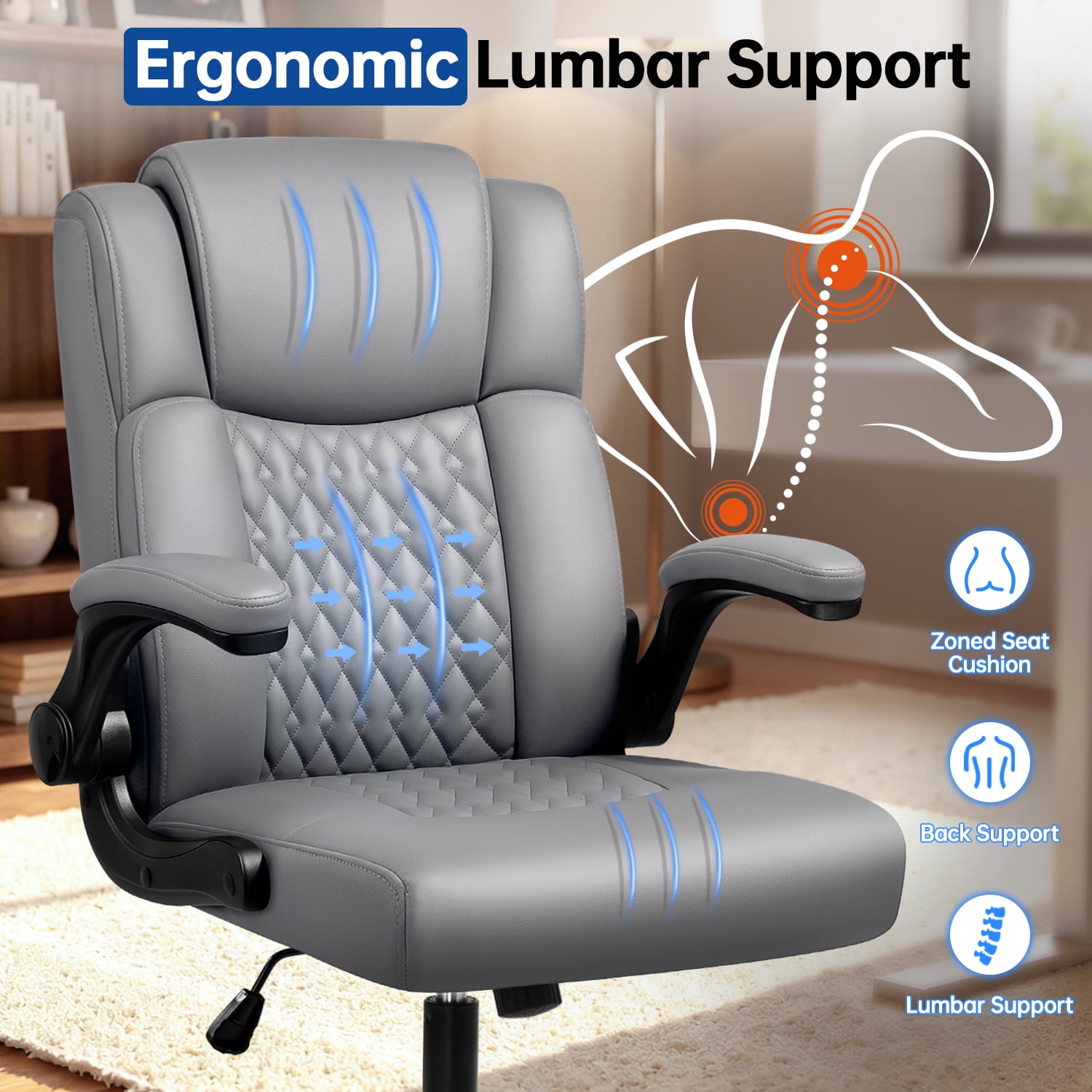 Waleaf Leather Office Chair,Wide Seat Small Computer Desk Chair Ergonomic Mid-Back Executive Chair with Back Support for Short People,Gray