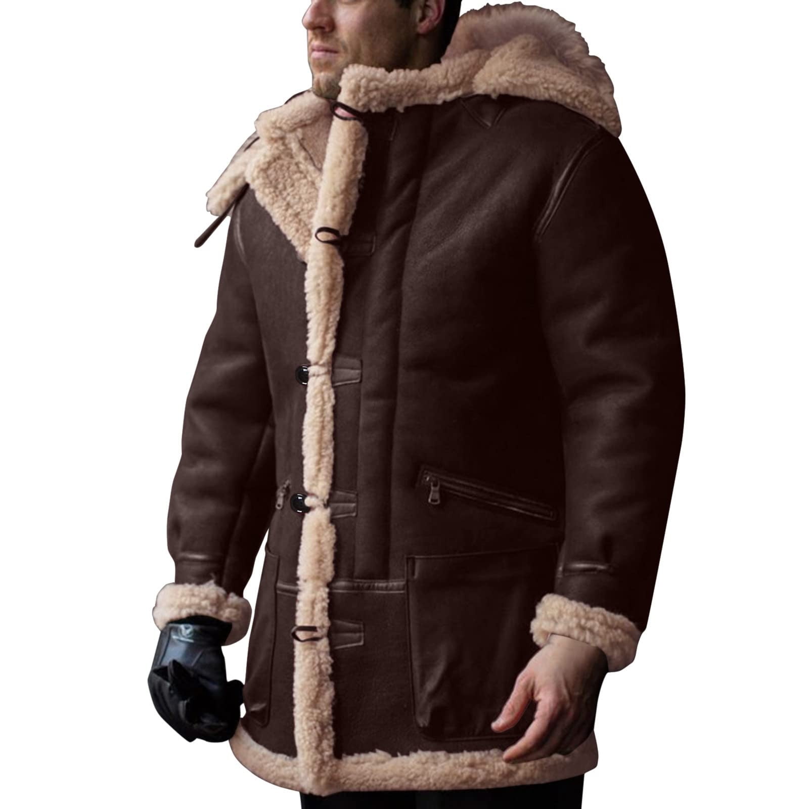Olyvenn Men's Fall/Winter Fashion Fleece Denim Jacket Stretch Washed Denim  Top Jacket Fleece Puffer Jacket Thick Cotton Padded Overcoat Coffee 14