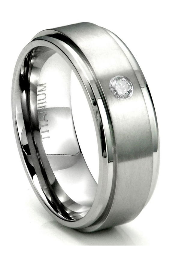 Titanium 8mm Solitaire Diamond Comfort Fit Mens Wedding Band Ring with Brush Center Sz 10.0