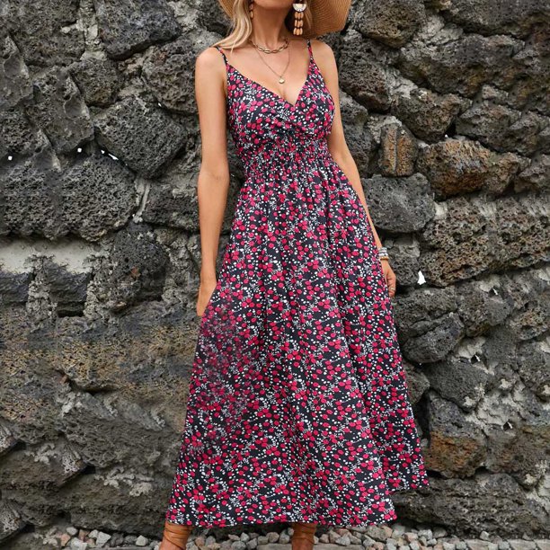 Puntoco Vestidos Mujer Verano Moda Mujer Verano Impreso Sin Mangas Camis V-Cuello Sin Espalda Vestido Casual