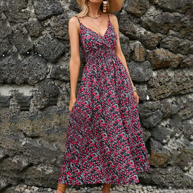 Fankiway Mode Femmes Été Imprimé Camisole Sans Manches Col en V Dos Nu Robe Décontractée Robes de Plage Grande Taille Robes pour Femmes