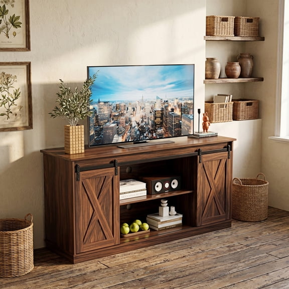 Kelno TV Stand for 65 Inch TV with Sliding Barn Doors Storage Shelves Farmhouse Entertainment Center Media Console Cabinet, Rustic Brown