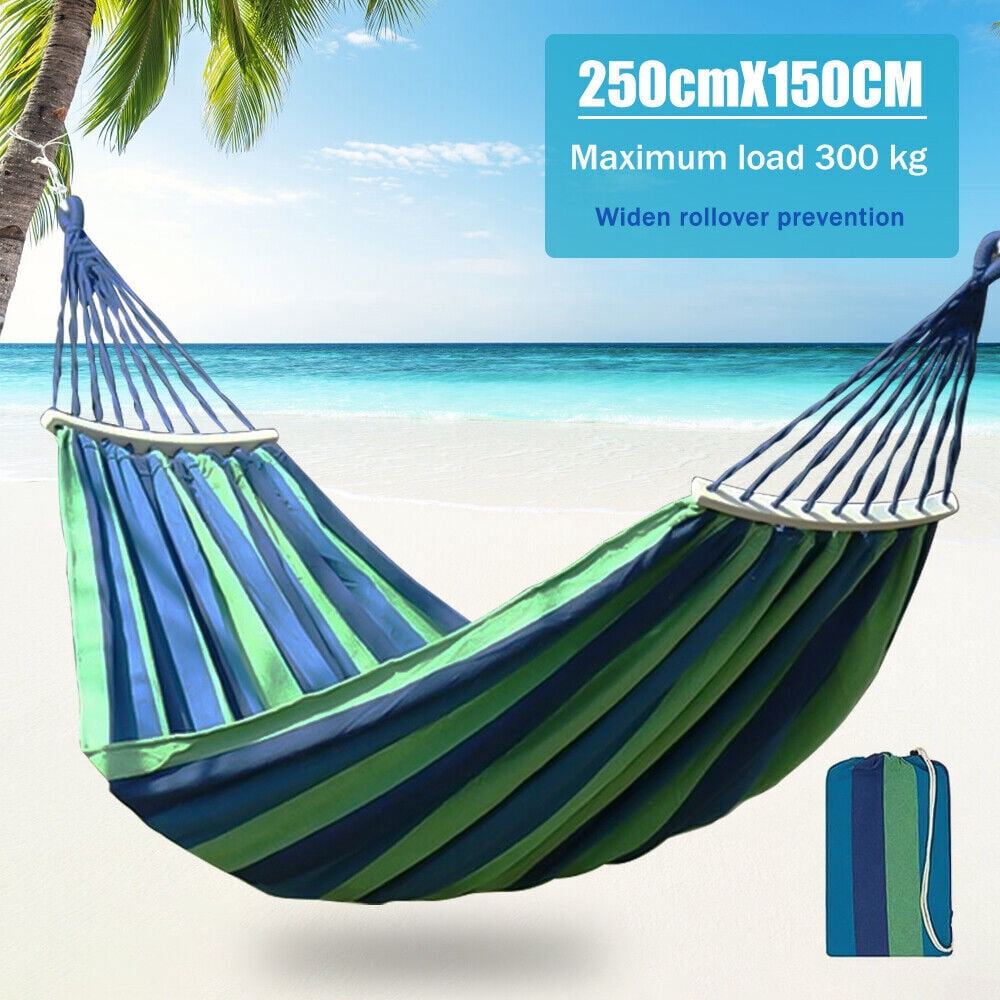 Double Hammock 2 People, with Two Anti Roll Balance Beam,DFITO Canvas Cotton Hammock with Carrying Bag Travel, Beach, Backyard etc (Blue Stripes)