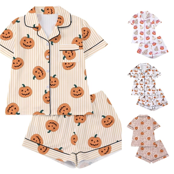 CUZIBR Girls Halloween Pajamas Sets Soft Comfortable Ghost Pumpkin Lapel Button Short Sleeve Shirt Elastic Waist Shorts 2 Pieces Sleep Loungewear Relaxed Sleepwear Outfits,Orange-C,11-12 Years