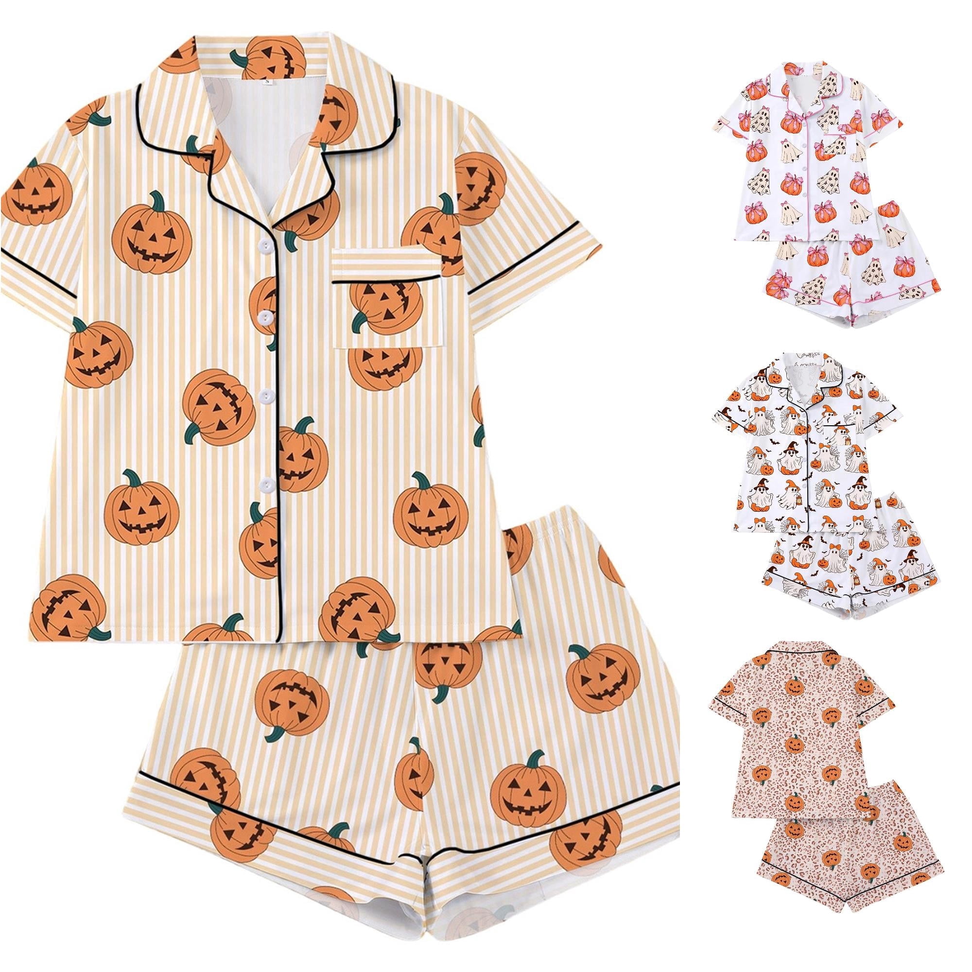 CUZIBR Girls Halloween Pajamas Sets Soft Comfortable Ghost Pumpkin Lapel Button Short Sleeve Shirt Elastic Waist Shorts 2 Pieces Sleep Loungewear Relaxed Sleepwear Outfits,Orange-C,11-12 Years