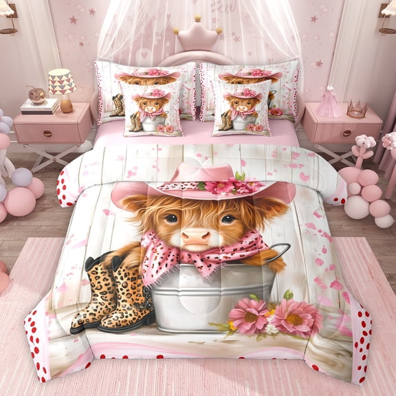 Homewish Teenagers Floral Animal Highland Cow Twin Bedding Sets 7-Piece,Western Cowgirl Bedding Comforter Set Microfiber,Leopard Boots Hat Breathable Sheet Sets,Vinatge Breathable Home Decor