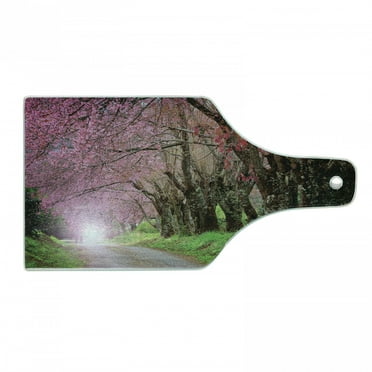 Japanese Garden Cutting Board, National Park in Chiang Mai Cherry Blossoms Spring Picture, Tempered Glass Cutting and Serving Board, Wine Bottle Shape, Fuchsia Brown Fern Green, by Ambesonne