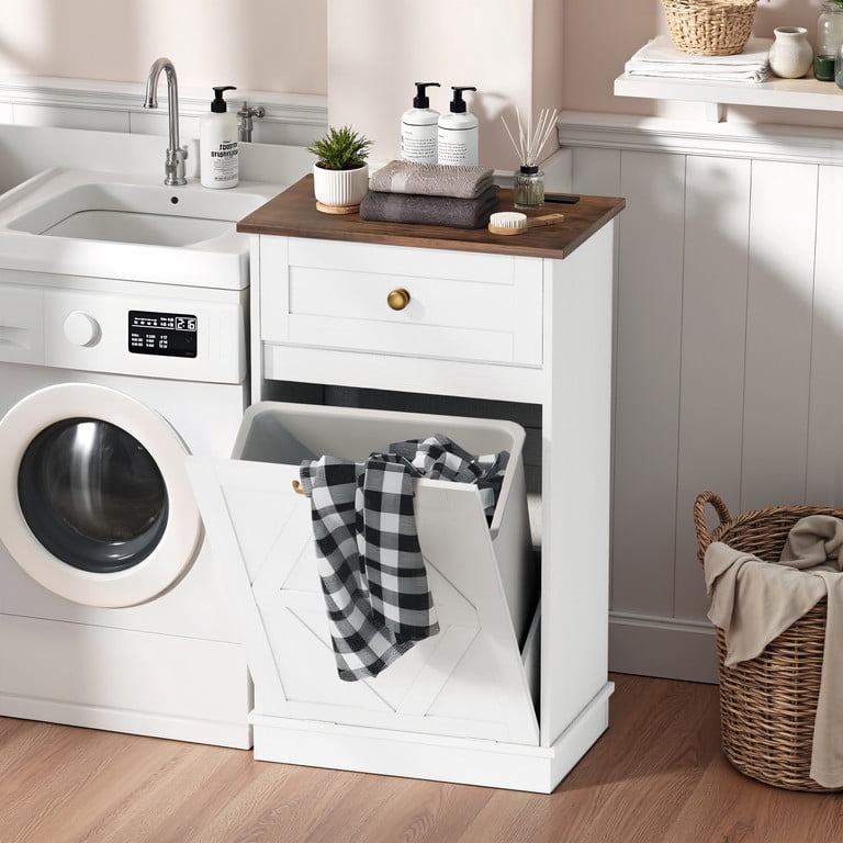 Lacoo 10 Gallon Tilt Out Trash Cabinet with Drawer, Kitchen Trash Can Cabinet, Garbage Recycling Cabinet for Kitchen, White