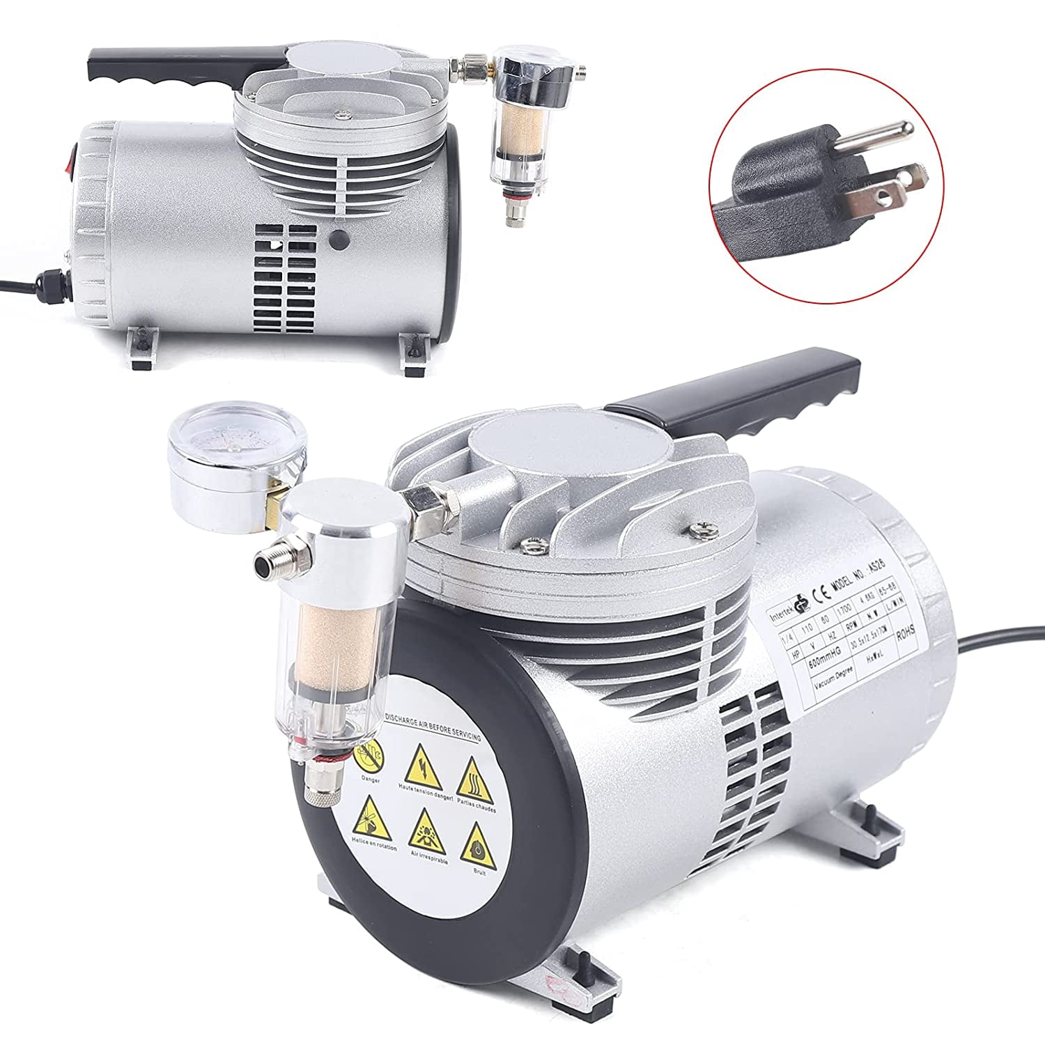 FETCOI Oilless Diaphragm Vacuum Pump 20-23L/min Lab Oil Free Mute Vacuum Pump 1 / 6HP Quiet High Vacuum Piston Compressor (110V US Plug)