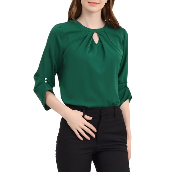 CURVOSPORT Camisa Elegante para Mujeres, Top de Oficina con Abertura Clave, Frente Plisado, Manga 3/4, Blusa de Chifón, S Verde