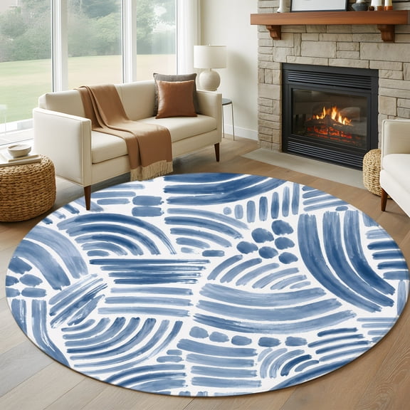 Blue Striped 6ft Round Rugs, Coastal Modern Abstract Stripes Washable Non-Slip Area Rugs for Living Room Bedroom Kitchen, Soft Low Pile Dining Room Kicthen Circle Carpet, Indoor Floor Rug