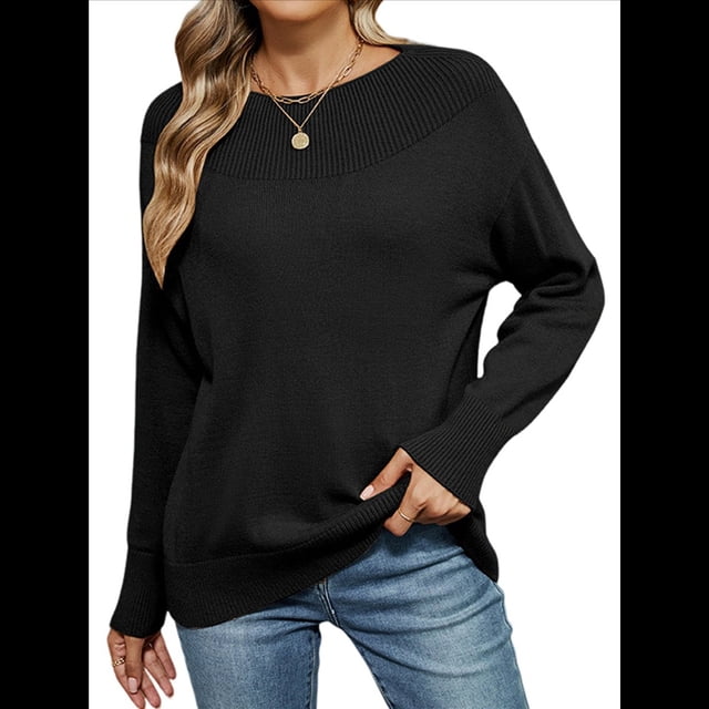 Suéteres Casuales de Larga para Mujer, Suéteres Sueltos de Punto Liso, Suéteres Tipo Jersey, Tops. Negro L