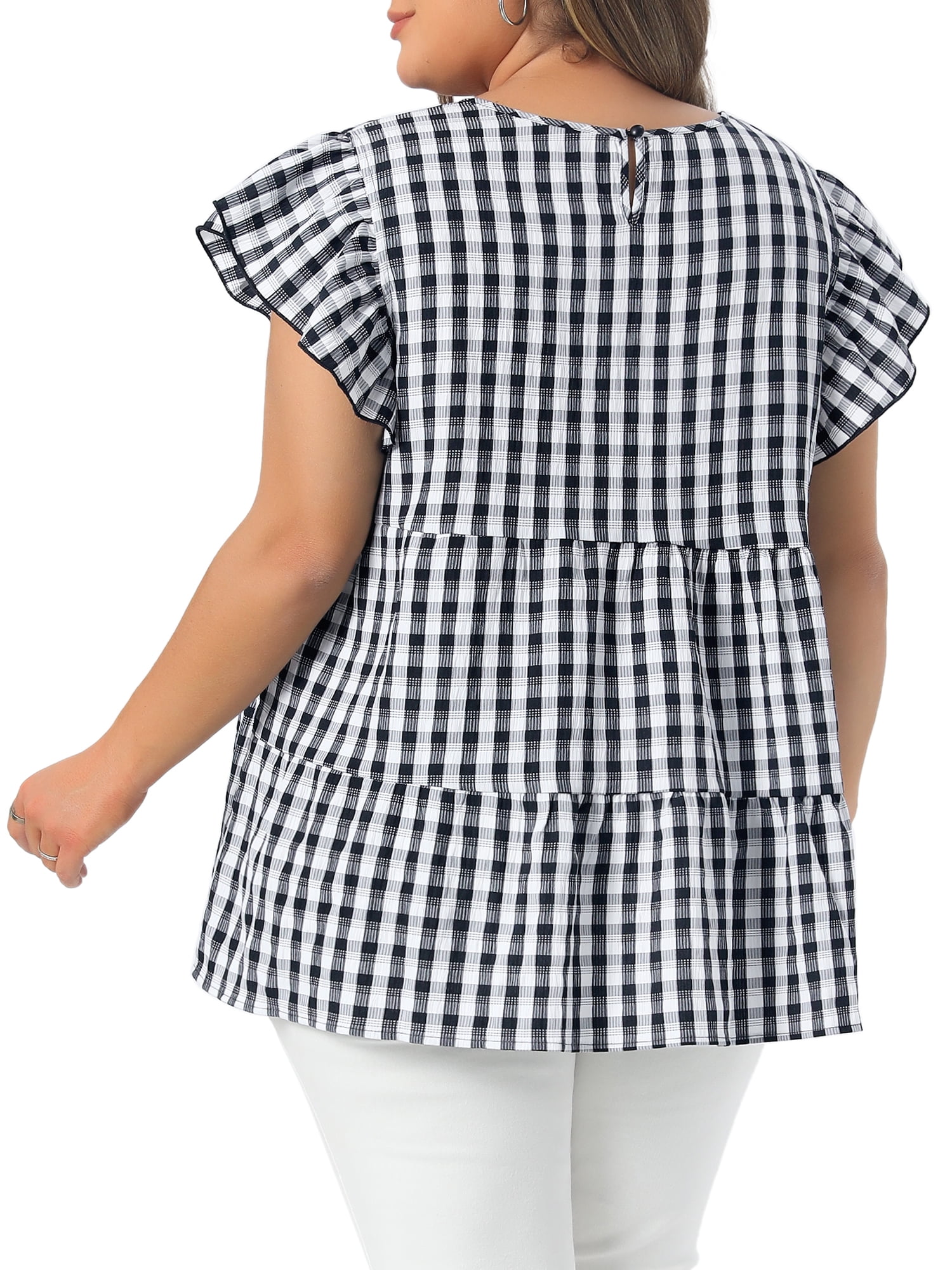 Women's Plus Women's Gingham Top 1950s Crew Neck Flare Short Sleeve Blouse 4X Black