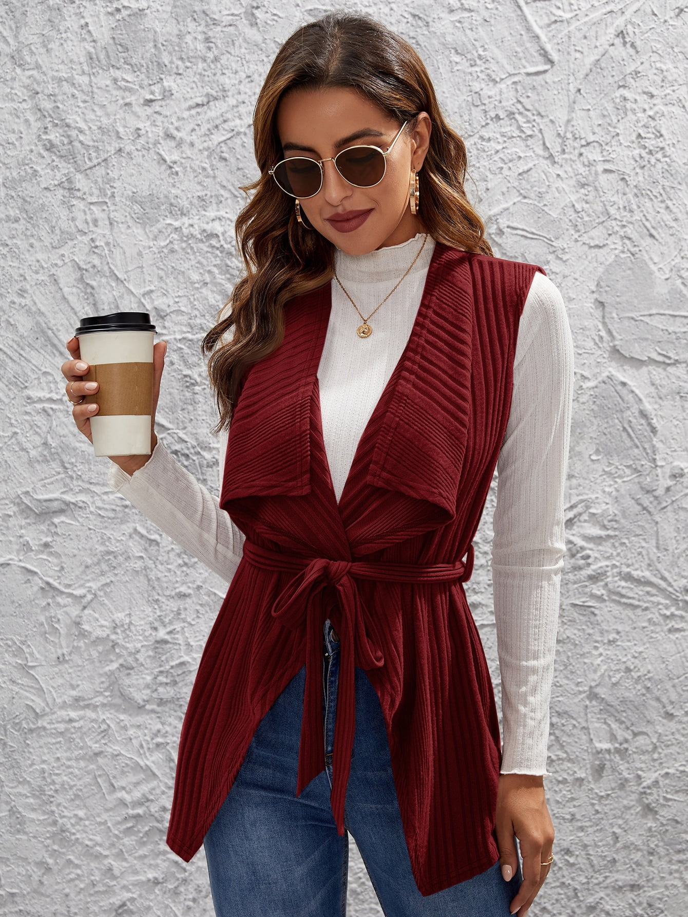 Women's Waterfall Collar Belted Vest 