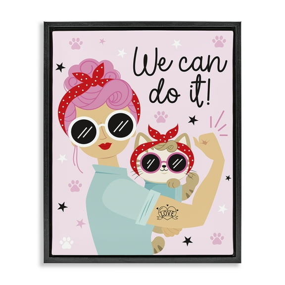 Stupell Industries We Can Girl & Cat People Painting Black Floater Framed Canvas Art Print Wall Art, 17 x 21
