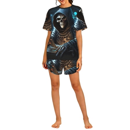 Pajamas Set Crew Neck Loungewear Sleepwear Short Sleeve Top Shorts Pj Sets Skull Funny Grim Reaper Play Games