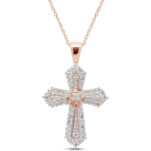 JewelsYard Real 925 Sterling Silver 14K Rose Gold Finish Round Cut White Diamond Vintage Cross Pendant Necklace Christmas Gift for Women