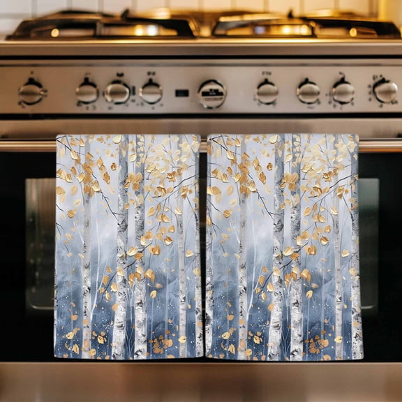 Yellow Blue Forest Kitchen Towels Set of 3, Modern Oil Painting Art Absorbent Dish Towels for Kitchen, Microfiber Hand Towel, Quick Drying Tea Towel for Cleaning Decorative Dishcloths