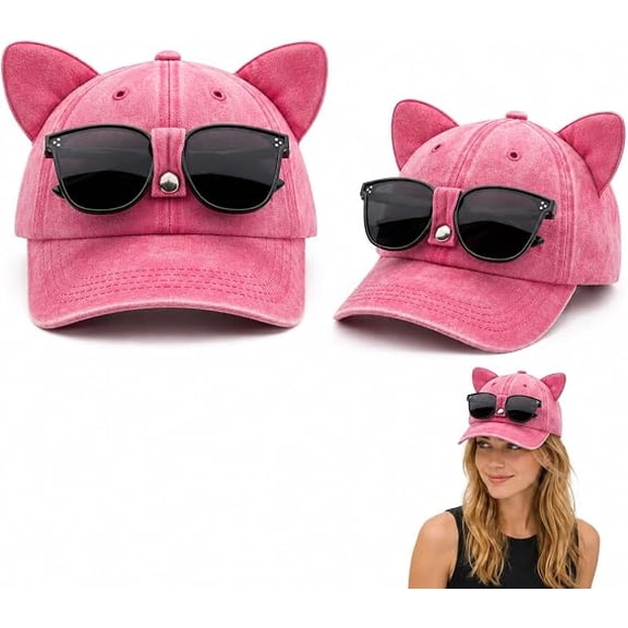 Cat Ear Baseball Cap with Detachable Sunglasses, Breathable Cycling Cap