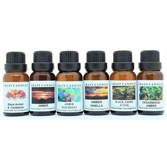 Crazy Candles 6 Bottles Set, Black Amber & Cardamon, Amber, Amber Patchouli, Amber Vanilla, Black Amber & Oak, Cedarwood Amber 1/2 Fl Oz Each (15ml) Premium Fragrance Oils