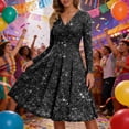 thumbnail image 2 of DHFJKG Sparkly Sequin Party Dress For Women Mid Length Deep V Neck Long Sleeve Clubwear Ruched Waist Flowy Versatile Dresses, 2 of 5