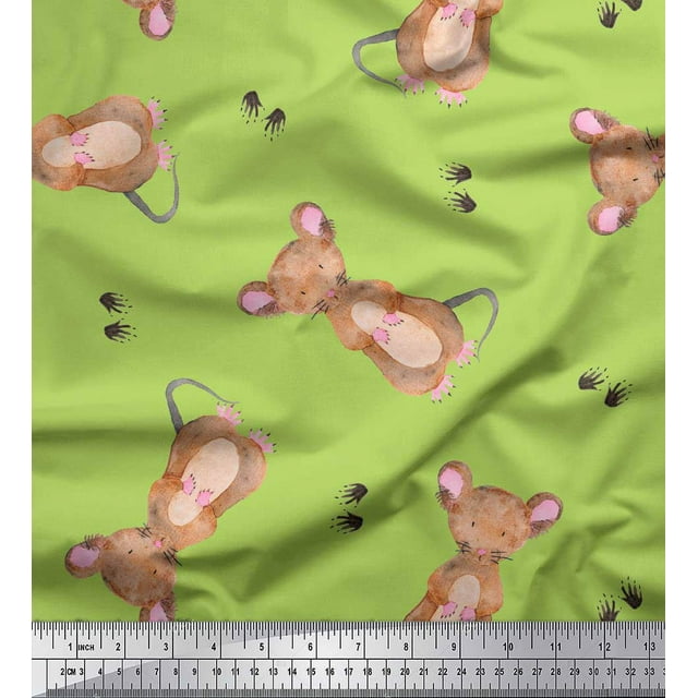 Soimoi Green polyester Crepe Fabric Footprints & Mouse Kids Printed Craft Fabric by the Yard 52 Inch Wide