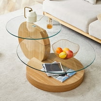 LUFTUT Glass Coffee Table, 3-Tier 42" Round Tempered Glass, Coffee Table for Living Room with Storage, Oak MDF Base, Modern Center Table