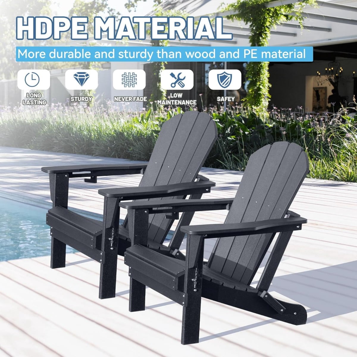 TOPCOMFY Adirondack Chair Set of 2 Folding All-Weather Plastic Outdoor Patio Lawn Fire Pit Seating with Cup Holder Black