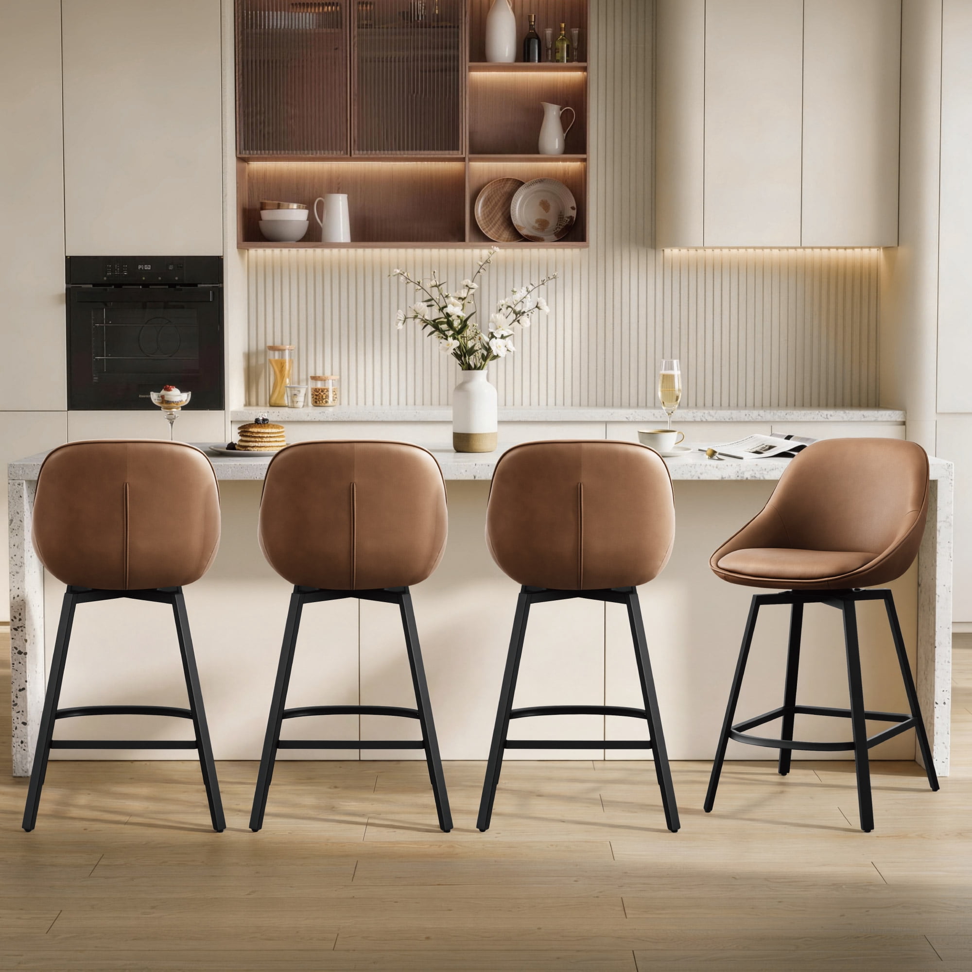 Spruce & Spring 26" Swivel Bar Stools Set of 2, Upholstered Counter Height Stools with Footrest & Metal Base, for Kitchen Island & Home Bar, Saddle Brown Faux Leather