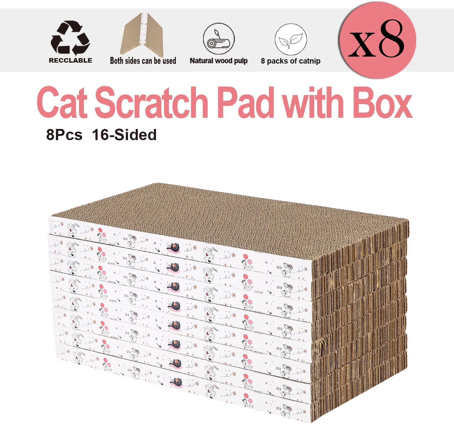 THBN 8 Packs in 1 Cat Scratch Pad, Cat Scratcher Cardboard,Reversible,Durable Recyclable Cardboard, Premium Scratch, Suitable for Cats to Rest, Grind Claws and Play