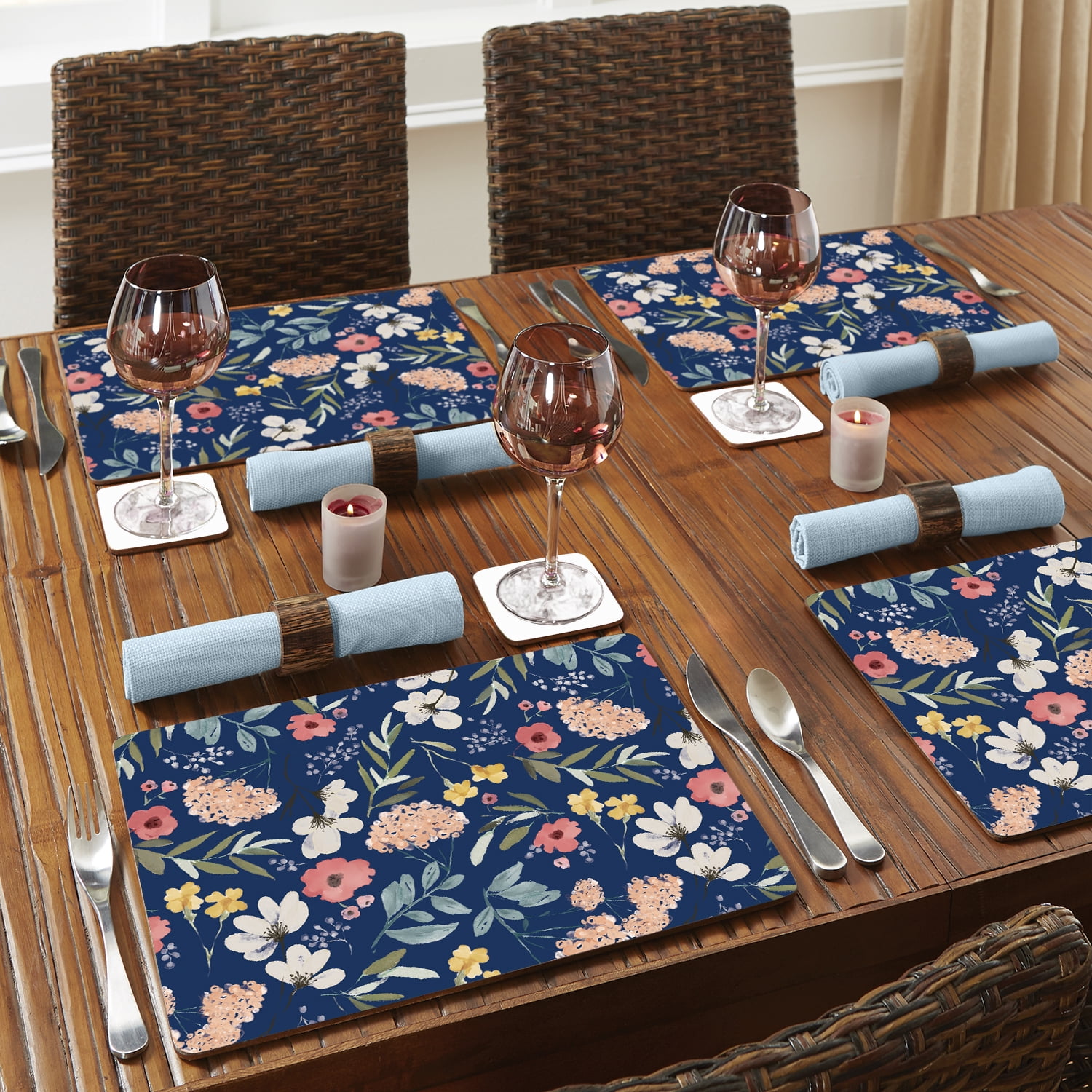 CounterArt "Blue Meadow Floral" Hardboard Tabletop Placemats 4-Pack