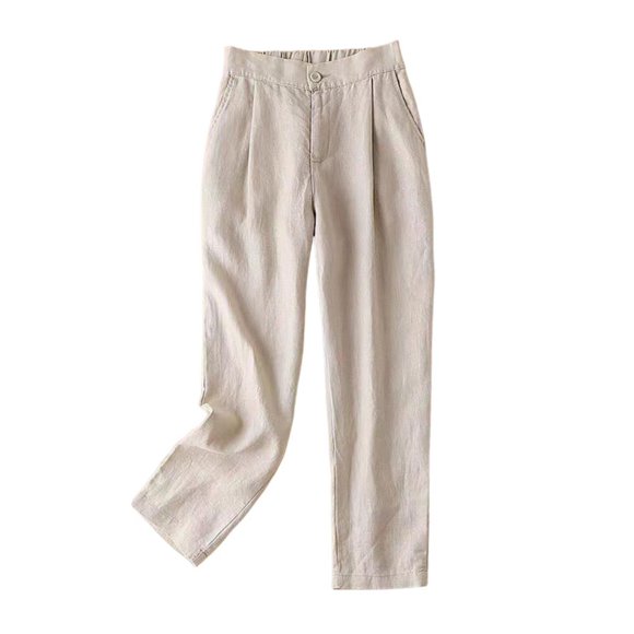 Timegard Cotton Linen Pants for Women Elastic High Waisted Button Ruched Casual Trousers with Pockets