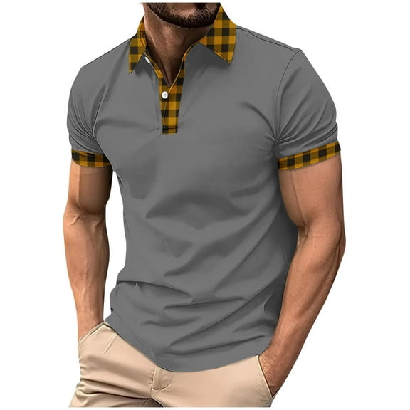 Men's Casual Golf Shirt Classic Button Up Short Sleeve Loose Tee Shirt Plain Patchwork Turn Down Collar Dressy Top