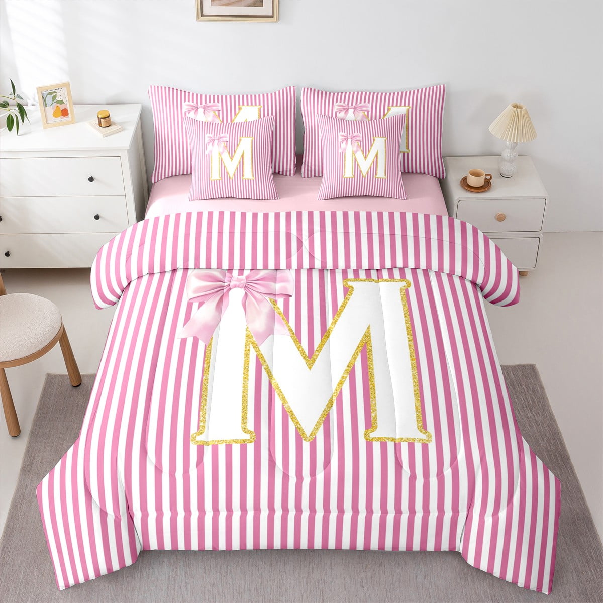 Homewish Initial M Letter Twin Bedding Sets 7-Piece Girly Pink Stripes Abstract Bedding Comforter Set Princess Cartoon Bowknot Reversible Sheet Sets Microfiber Bedroom Decor