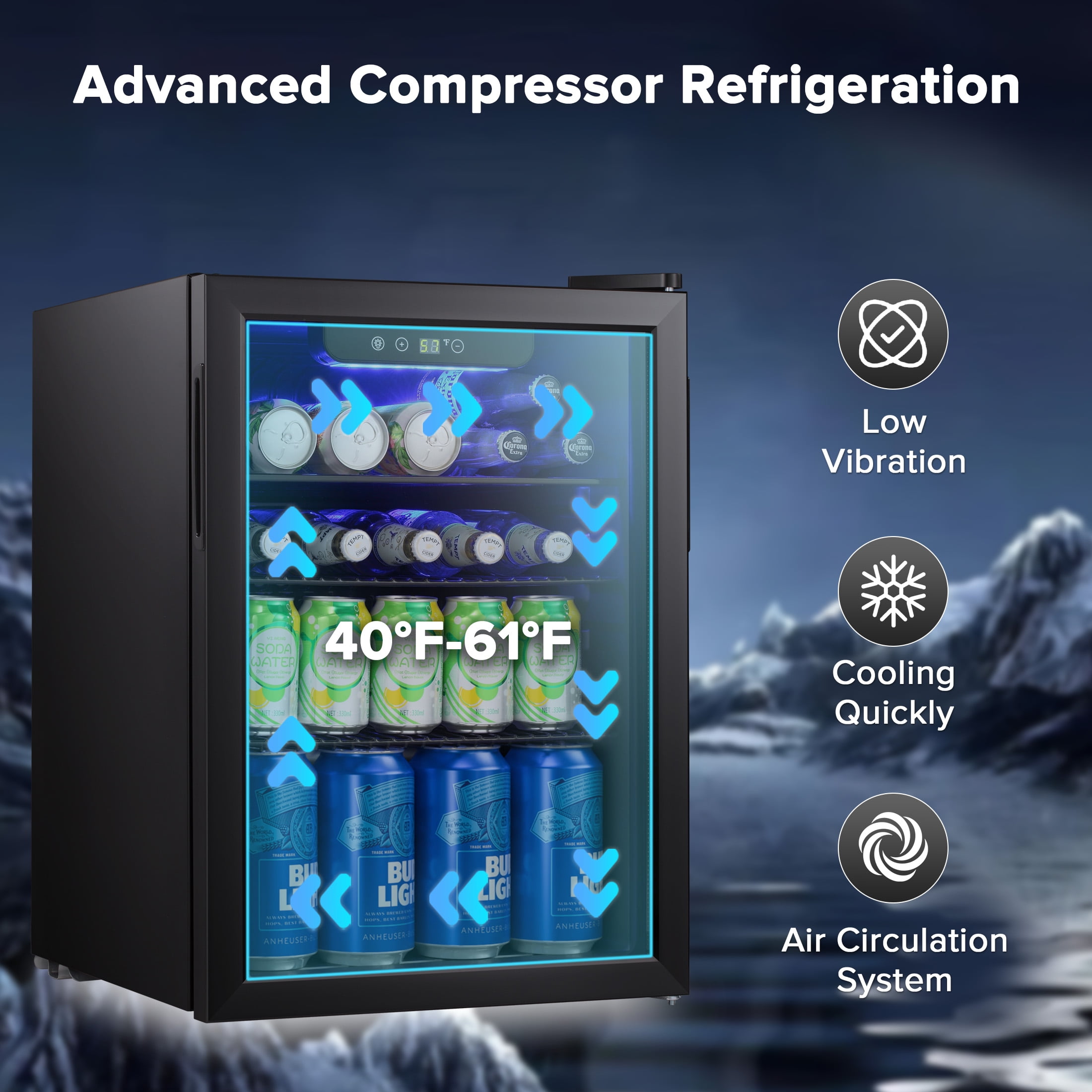 Electactic 2.6 Cu.ft Beverage Refrigerator Cooler, 100 Can Mini Fridge with Glass Door for Soda Beer or Wine, With Adjustable Removable Shelves, Bar/Office/Home