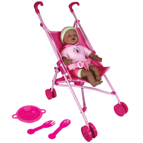 Lissi: Umbrella Stroller & 16" African American Doll - Pink & Green Butterfly Outfit & Hat, Foldable Push Stroller, Toy Feeding Accessories, Kids 3