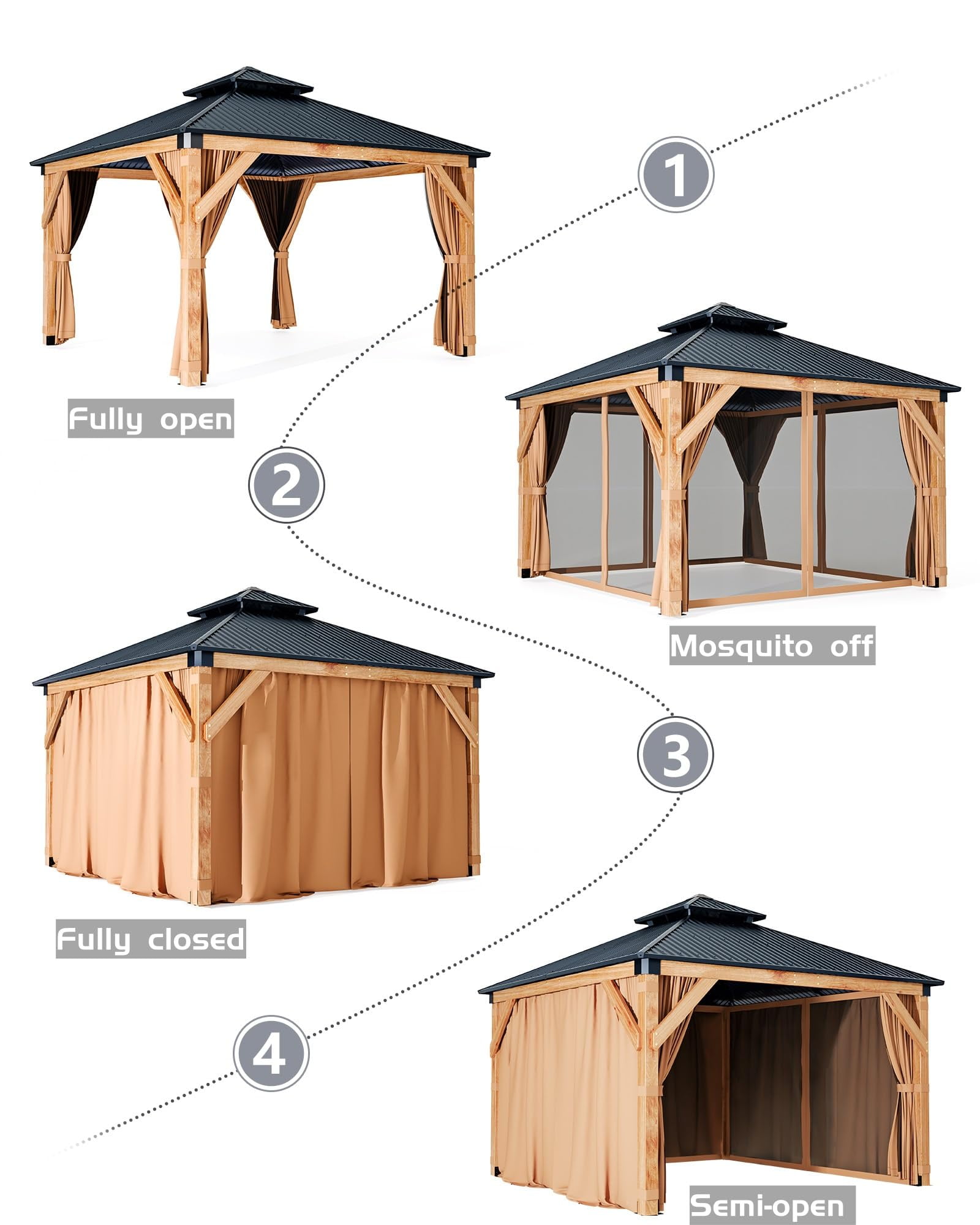 Outdoor living10x10ft Hardtop Gazebo Double Roof Canopy Wood, 4-Post Wooden, Curtain&Netting,Permanent Gazebo Pavilion